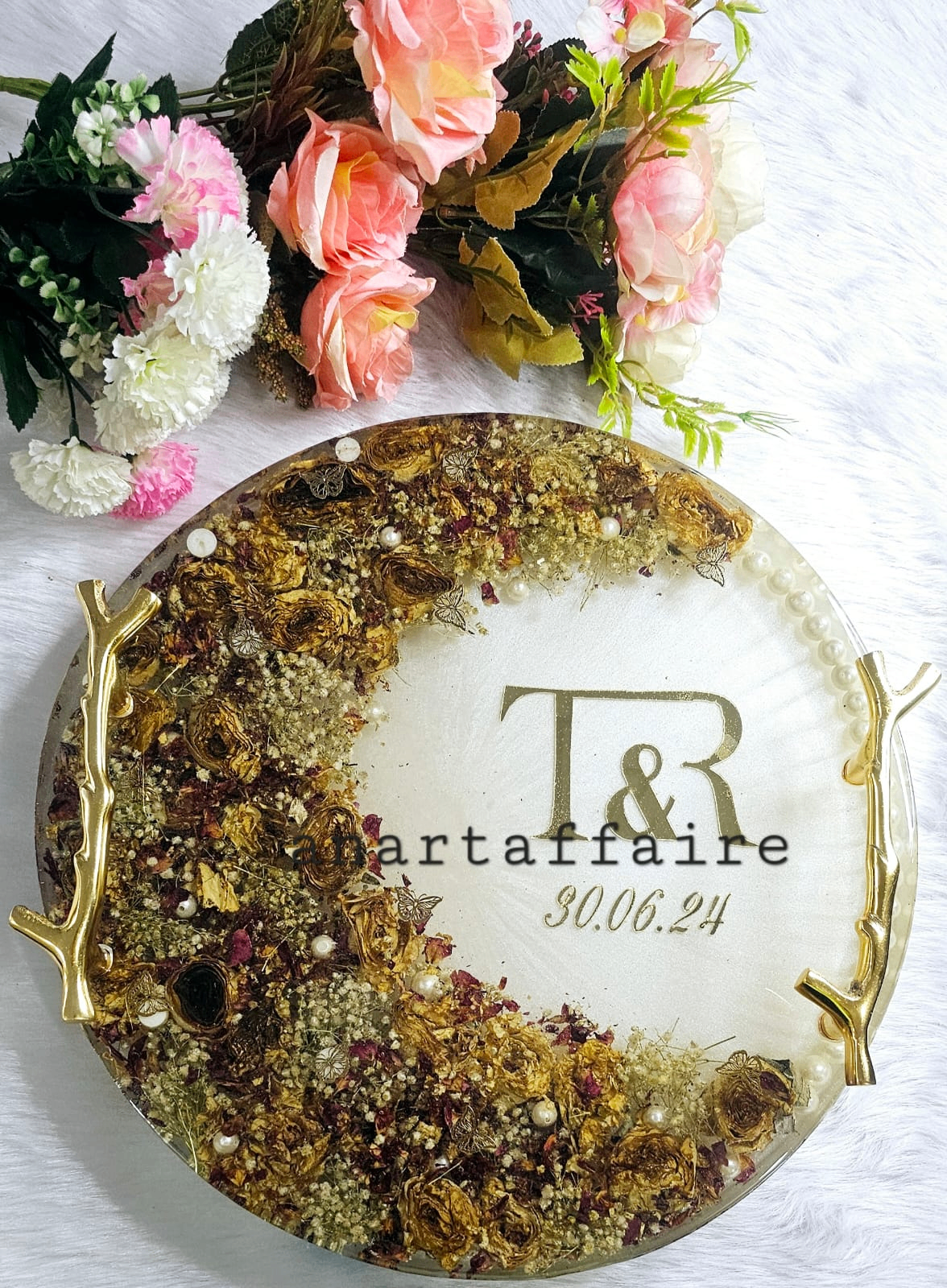 Wedding monogram resin tray with preserved florals and gold branch handles