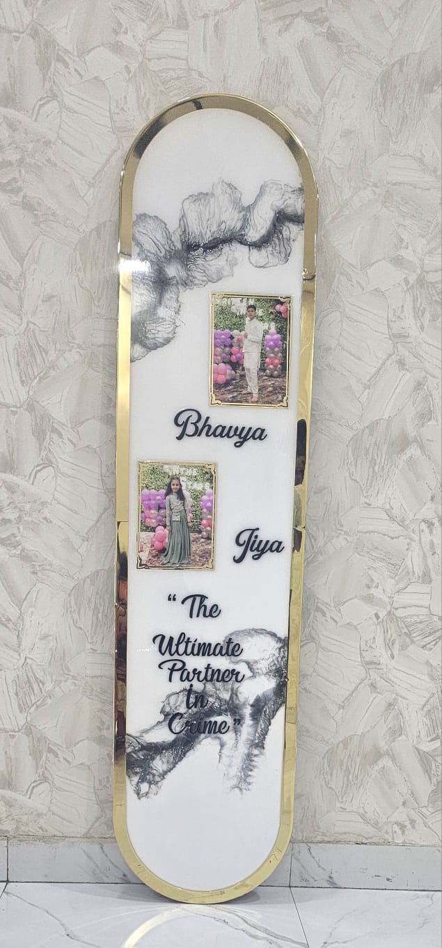 Custom resin skateboard with personalized photos and calligraphy