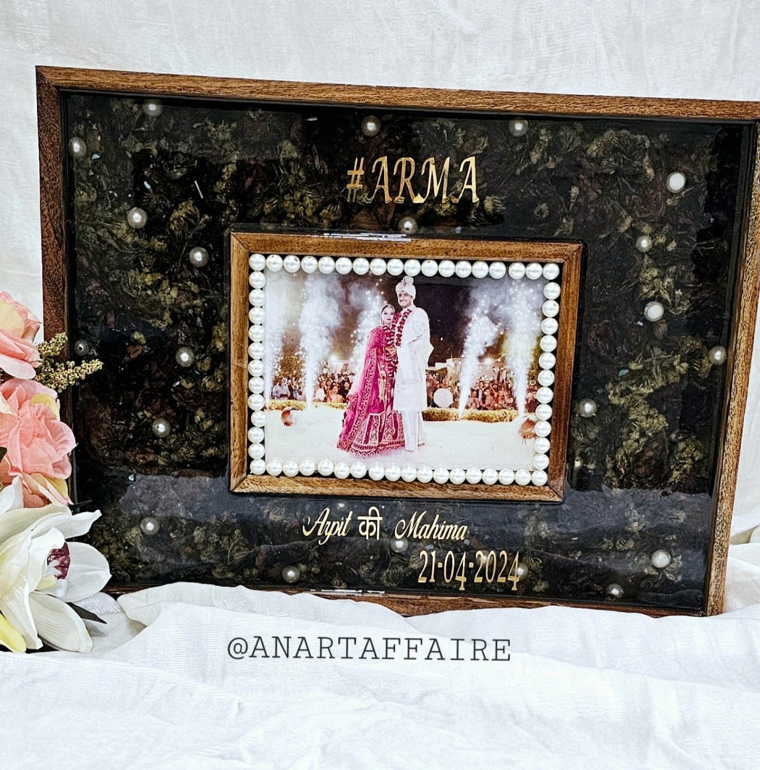 Handcrafted resin photo frame with dark floral texture and pearl border