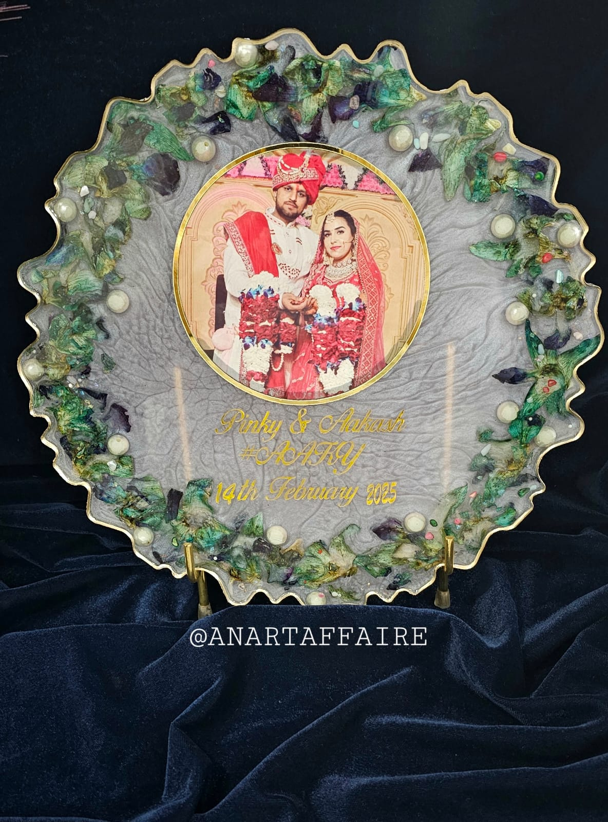 Custom resin photo platter with preserved floral textures and pearl details