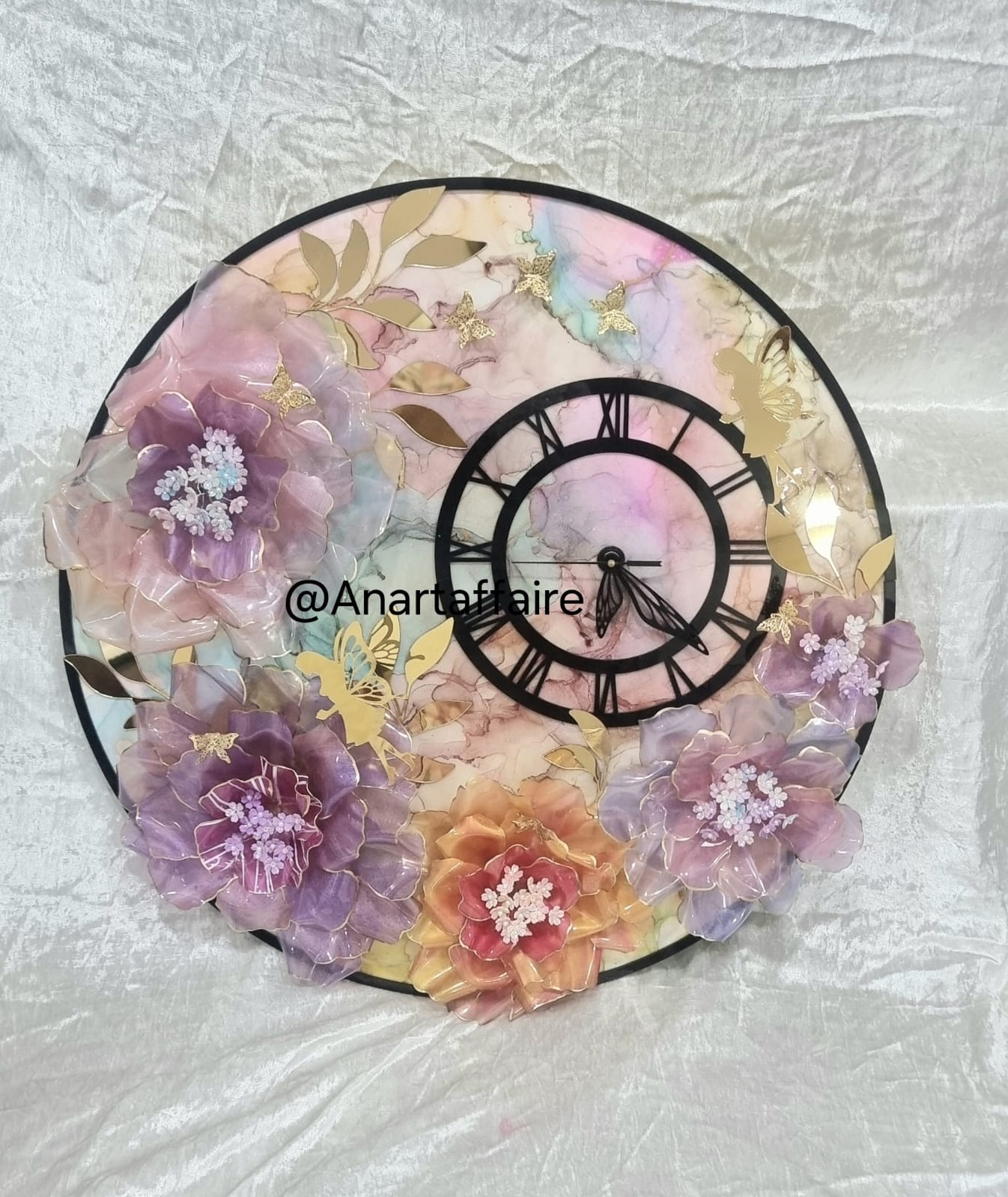 Pastel alcohol-ink resin wall clock with 3D florals, butterflies, and fairies